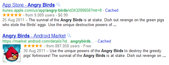 angry birds rich-snippets pour apps