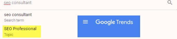 Google Trends comparant 'SEO consultant' et le sujet 'SEO Professional'